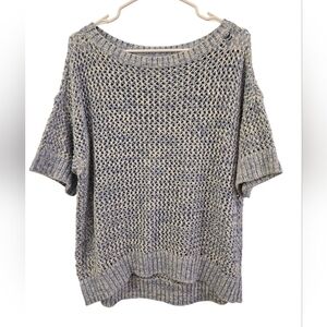 LOFT OPEN STITCH CROCHET SHORT SLEEVE SWEATER . BLUE AND WHITE SPACE-DYE. SZ XXL